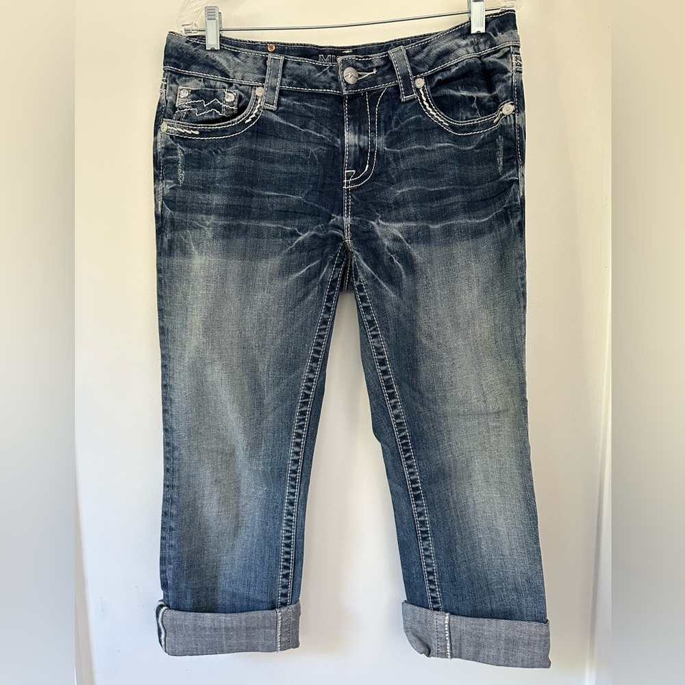 Miss Me Dark Wash Crop Jeans Contrast Stitching Rhinestone Detail Size 10